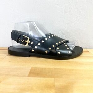 Madewell Tuley Black Leather Gold Studded Crossover Slingback Sandals Shoes 7.5